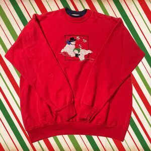 Vintage Women’s Christmas Sweatshirt – Red Snowman Embroidered Crewneck – Large